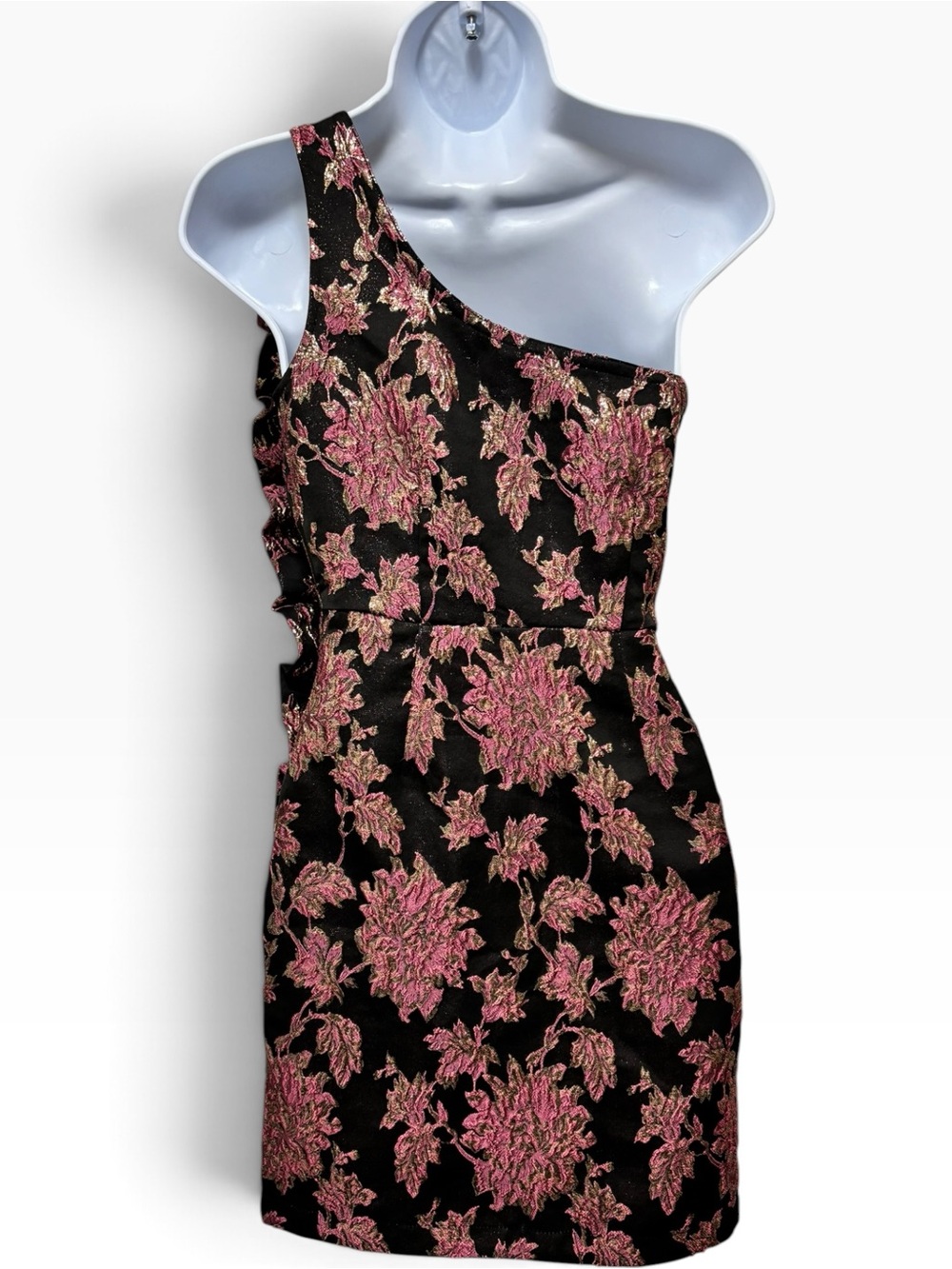 For Love & Lemons Luella Metallic Jacquard One-Shoulder Dress S - Picture 3 of 6